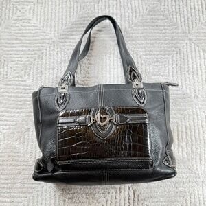 Brighton Shoulder Bag Medium Black Leather Croc Heart Western Boho Classic